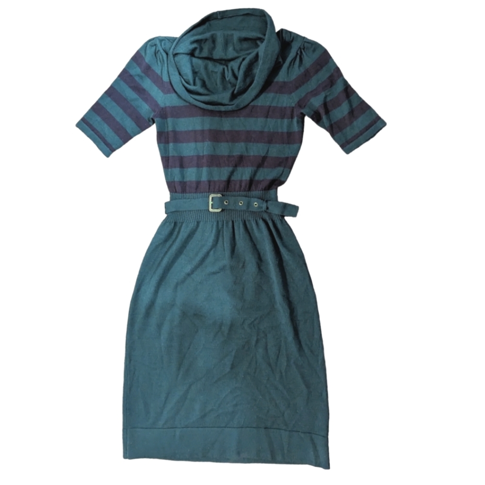 Merino Wool Sweater Dress Forest Green Half Sleeve Cowl Neck